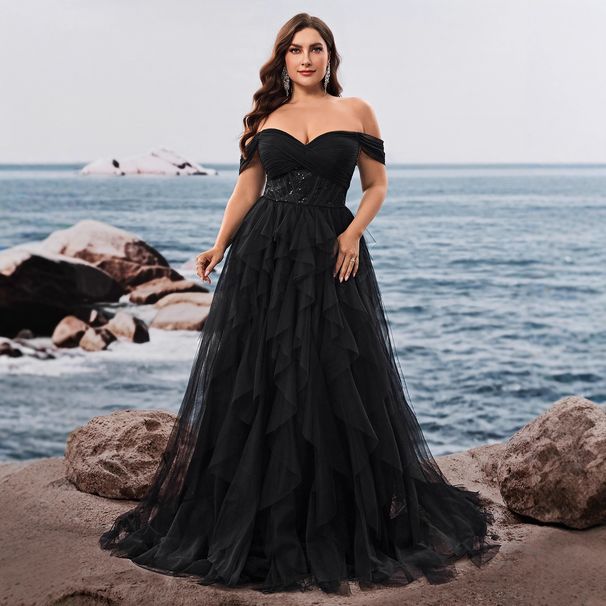 plus Size European American Elegant Off-Shoulder Dress for Cocktail Parties Banquets Luxury Bridesmaid Gown Graduation Dress Cake Skirt Women's Party Wear_ecoleips.com