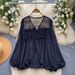 Women's Chiffon Blouse V Neck Tie Waist Lantern Sleeve Thin Mesh Shirt French Gentle Style 2025 Autumn New Selected Top_ecoleips.com