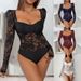 Women's Clothing Sexy Lace Lace Stitching Square Neck Tight Black Jumpsuit_ecoleips.com
