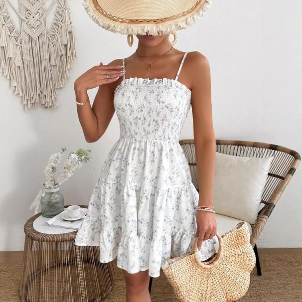 In-stock Cross-border European And American French Resort-style Floral Print Waist-cinching Short Summer Camisole Dress_ecoleips.com