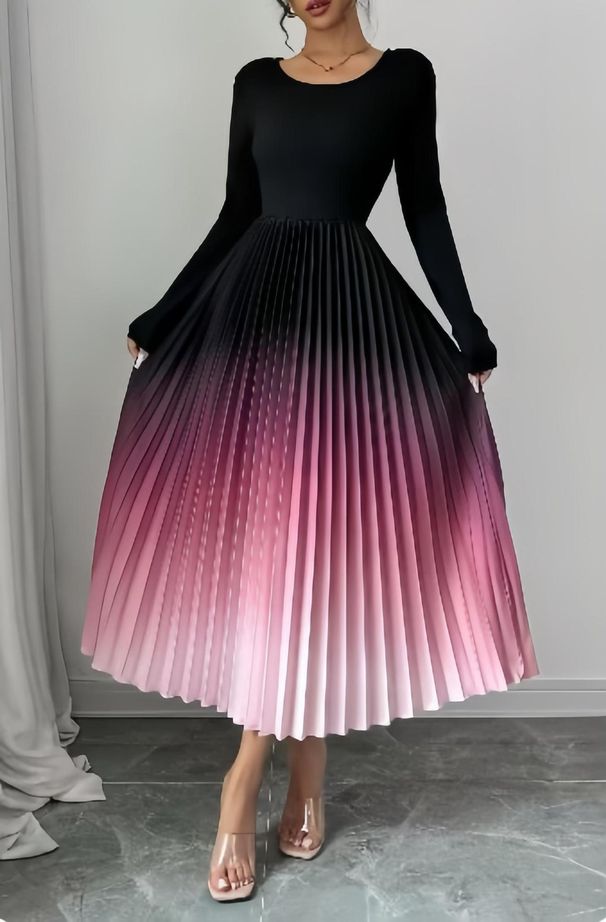 Women's Gradient Color Maxi Dress - Elegant Ombre Flowy Dress For Fall (Breathable Fabric, Comfortable Fit, Versatile Occasion Wear)_ecoleips.com