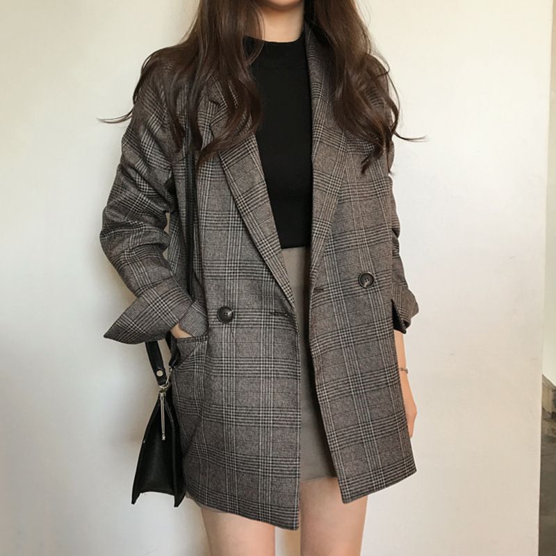 2026 Spring New Trendy Retro Simple Plaid Lapel Loose Long Sleeve Blazer Jacket For Women_ecoleips.com