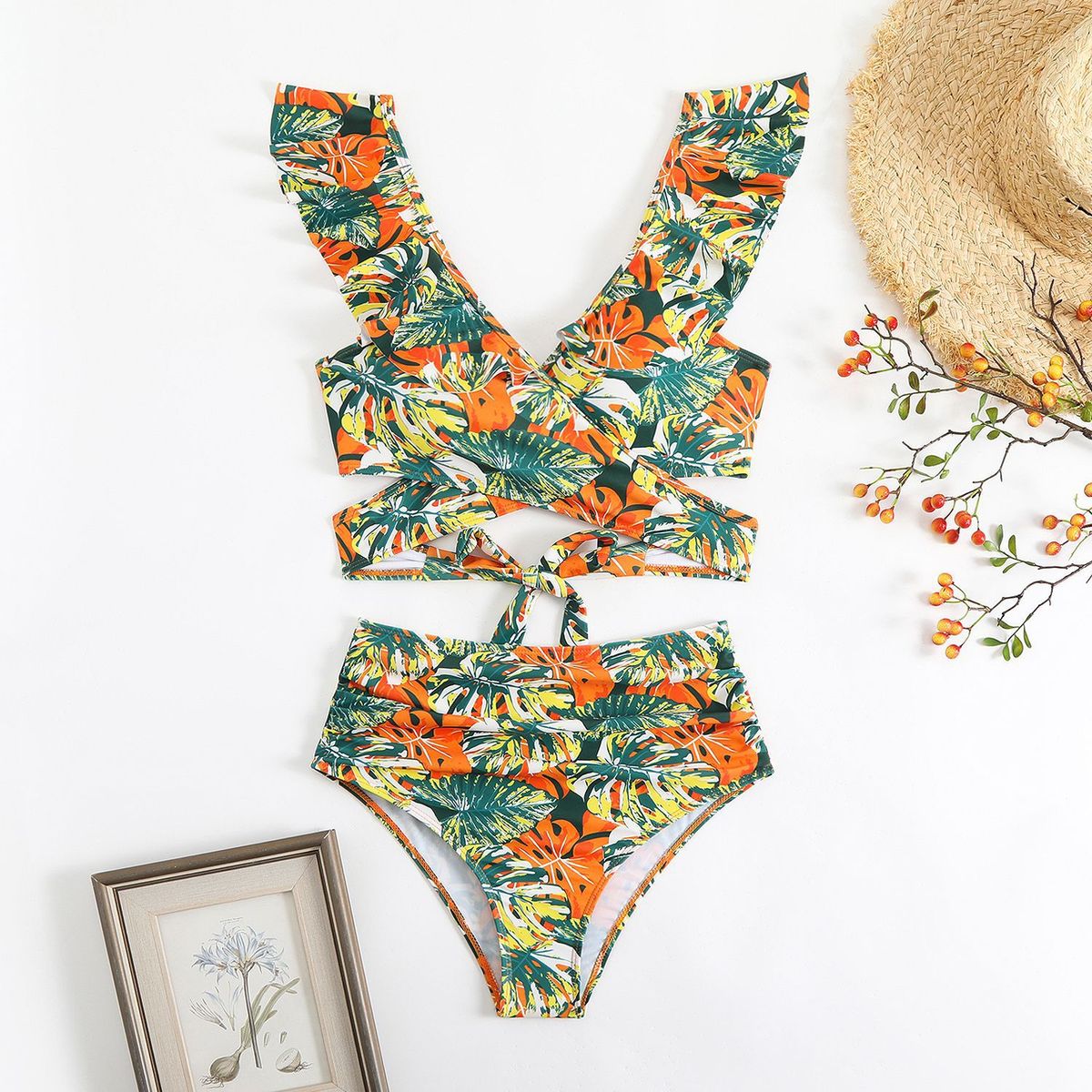 Women's Clothing Swimsuit Flower Printed Rotating Strap Women's Two Piece Bikini Swimsuit_ecoleips.com