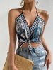 Women's Sexy Printed Knotted Sleeveless Halter Neck Camisole Top Resort Style European And American New 2025_ecoleips.com