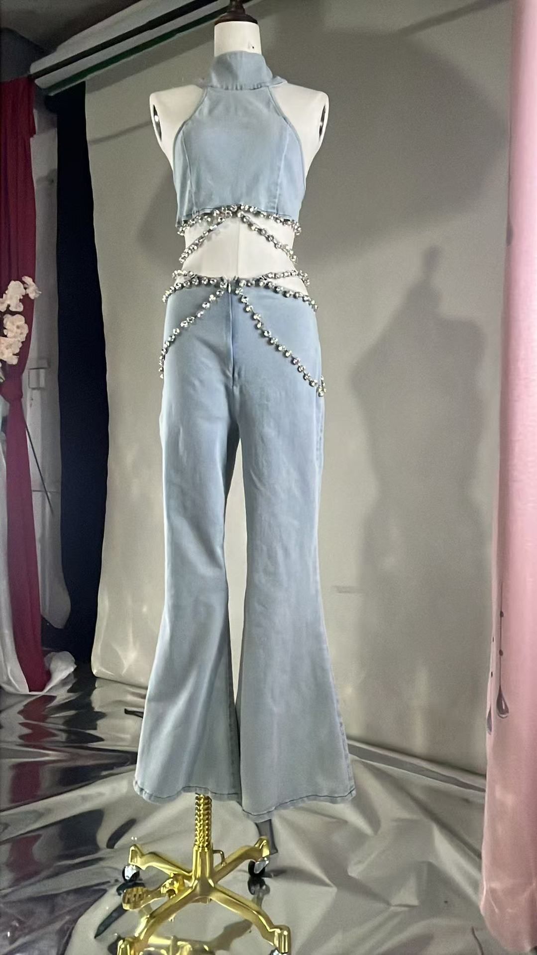 High Waisted Denim Two Piece Set Rhinestone Embellished American Style Spring Autumn Heavy Duty Women's Clothing_ecoleips.com