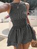 Women's One-Shoulder Pleated Plaid Sleeveless Puff Dress Spring/Summer Fashion Casual Maxi Dress_ecoleips.com