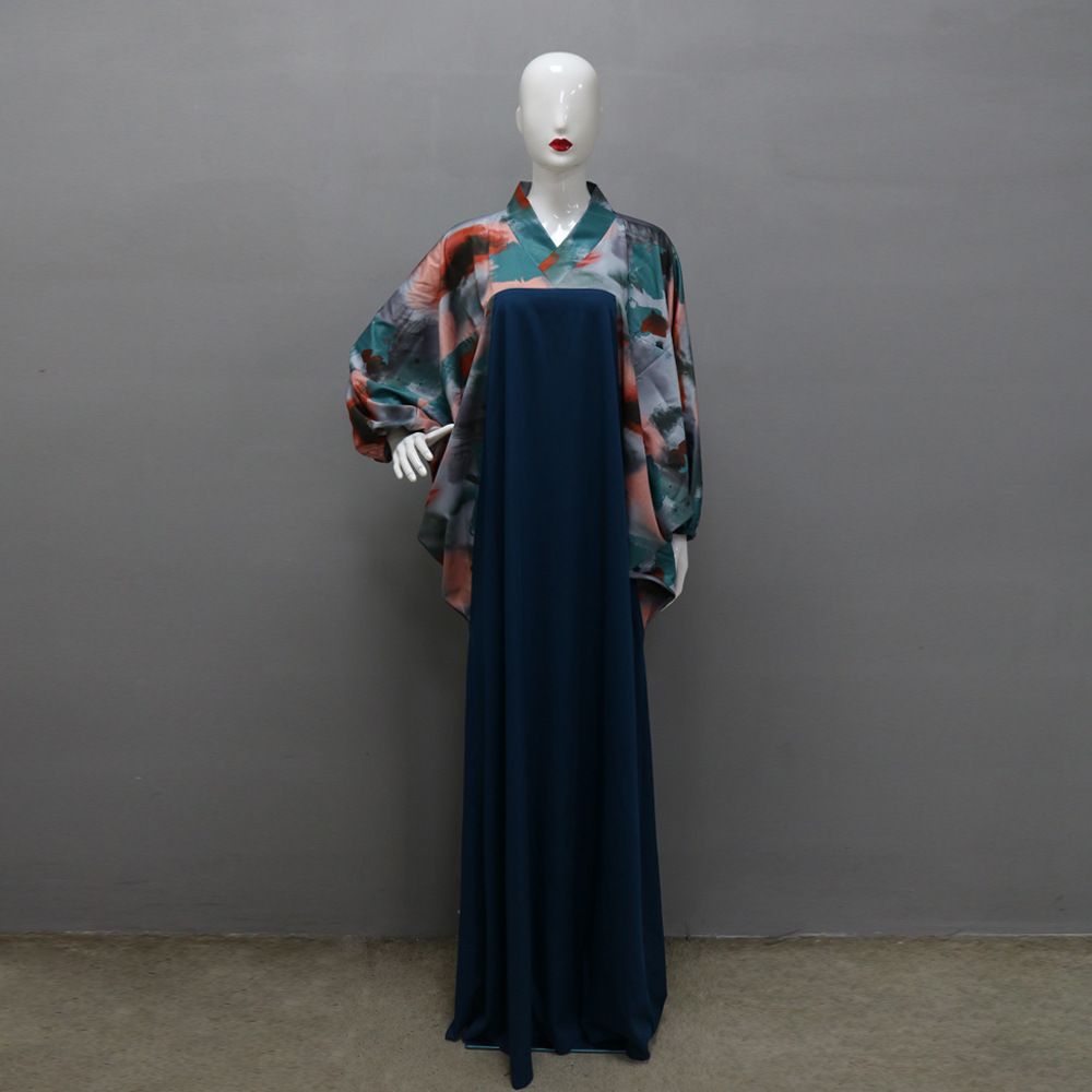 Women's Clothing Muslim Dubai Arab Spring And Summer New Print Bat Sleeve Contrast Color Robe_ecoleips.com
