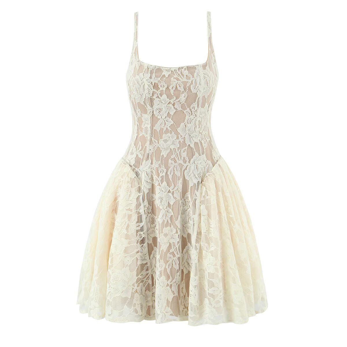 Women's Clothing Patchwork Lace Mesh Slim Fit Suspender Dress Women's Lace & Mesh Sleeveless Bodycon Dress – Beige/Black (Sizes S, M, L)_ecoleips.com