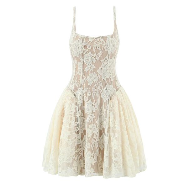 Women's Clothing Patchwork Lace Mesh Slim Fit Suspender Dress Women's Lace & Mesh Sleeveless Bodycon Dress – Beige/Black (Sizes S, M, L)_ecoleips.com
