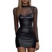 New Women's Sexy Nightclub Dress With Mesh Patchwork Leather Fashion Bodycon Dress_ecoleips.com