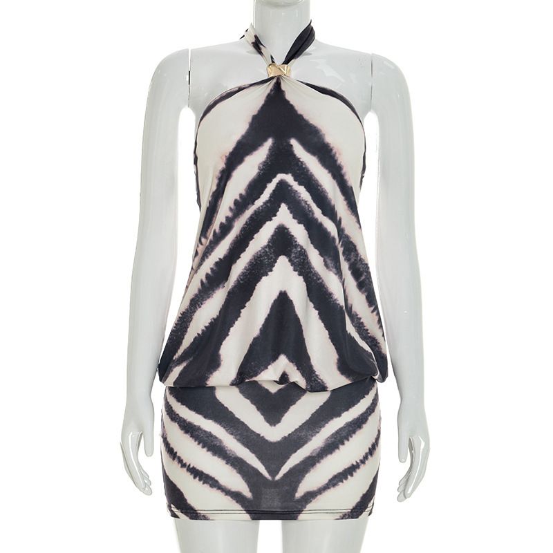 Women's Summer Halter Neck Short Dress J26DS100 European American Style Zebra Print Gold Ring Decoration Backless_ecoleips.com