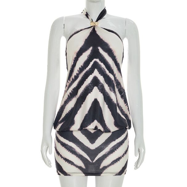 Women's Summer Halter Neck Short Dress J26DS100 European American Style Zebra Print Gold Ring Decoration Backless_ecoleips.com