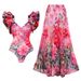 Suspender Bow Fashionable Print Contrast Color Design Three Piece Skirt Style Blouse One Piece Swimsuit_ecoleips.com