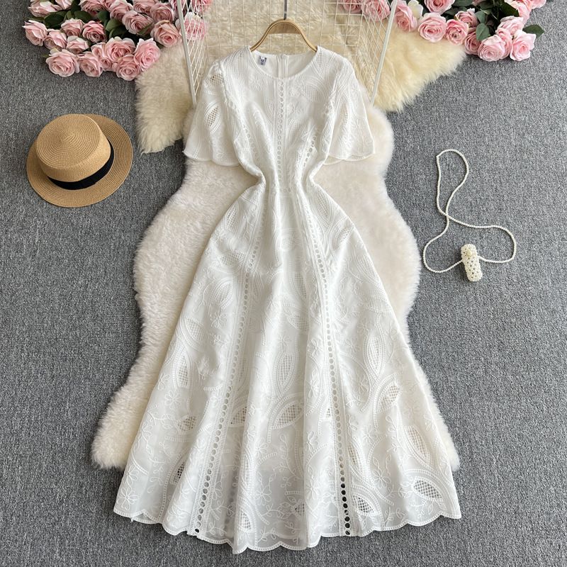 Round Neck Waist Short Sleeve Dress Women's Slim Long Skirt_ecoleips.com