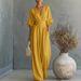 Elegant V-Neck High-Waisted Wide-Leg Jumpsuit For Women, Tummy Control Summer Knitted Romper With 3/4 Sleeves_ecoleips.com
