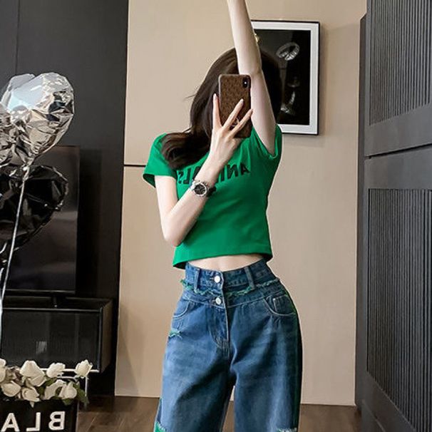 Green Short-sleeved Top, 2026 Trendy Personality Ripped Jeans, Fashionable European-style New Women's Two-piece Set_ecoleips.com