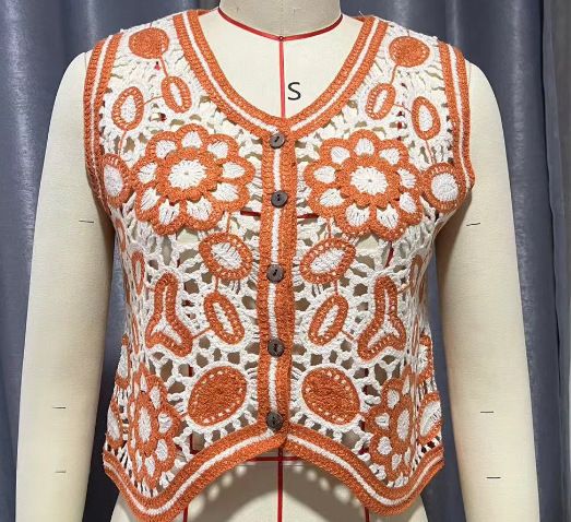 Bohemian Embroidered Vest Women's Sleeveless V-Neck Openwork Short Cardigan Top_ecoleips.com