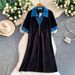 Women's European American Retro Slimming Denim Patchwork Zipper Collar Summer Casual Loose Straight Long Dress_ecoleips.com