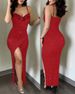 Women's Clothing Beaded Splicing Suspenders Powdered Slit Dress_ecoleips.com