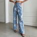 American Retro Blue Floral Print Jeans For Women Summer New Design High Waist Straight Wide Leg Long Pants_ecoleips.com