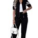 Women's Relaxed Color-Block Short Sleeve Top And Striped Straight Leg Pants Casual Two-Piece Lounge Set_ecoleips.com