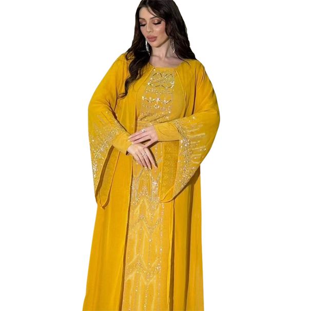 Women's Clothing Muslim Rhinestone Style Two Piece Robe Chiffon Straight Tribute Stitching With Belt_ecoleips.com