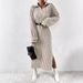 Solid Off-shoulder Slit Thigh-length Dress Without Belt, New European American Long-sleeve Women's Clothing, Solid Color_ecoleips.com