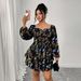 Flirty Floral Print Dress – Square Neck Backless Bubble Sleeve Dress, Feminine & Elegant For Women_ecoleips.com