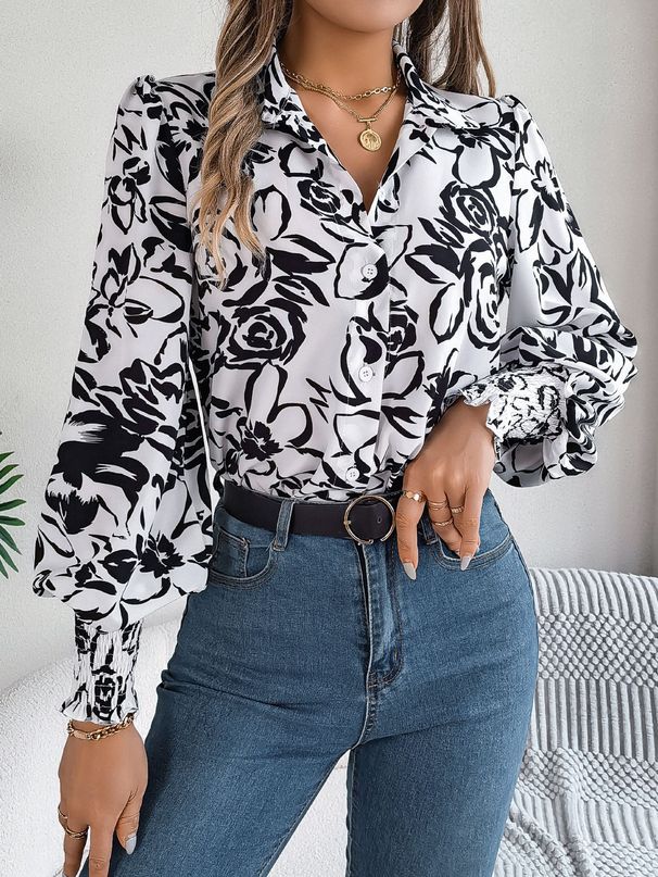 Real Shot Of 2026 Spring/Summer Elegant Color-blocked Floral Lantern Sleeve Collared Shirt Cross-border Women's_ecoleips.com