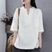 2026 Artistic Retro Summer V-Neck Cotton Linen Top Slimming Age-Reducing Temperament Short-Sleeved T-Shirt Women's Loose_ecoleips.com