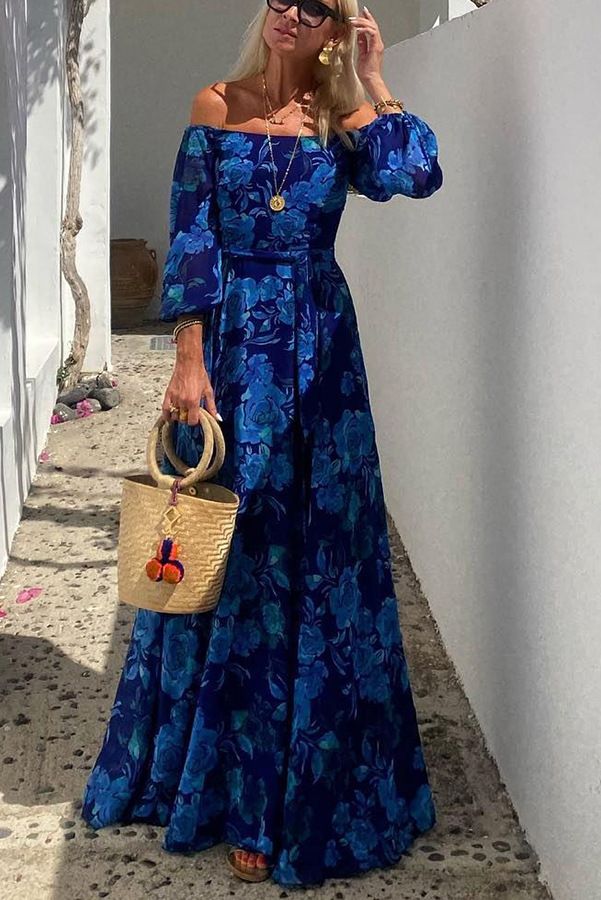 Women's Clothing Sexy One Shoulder Printed Long Skirt Dress_ecoleips.com