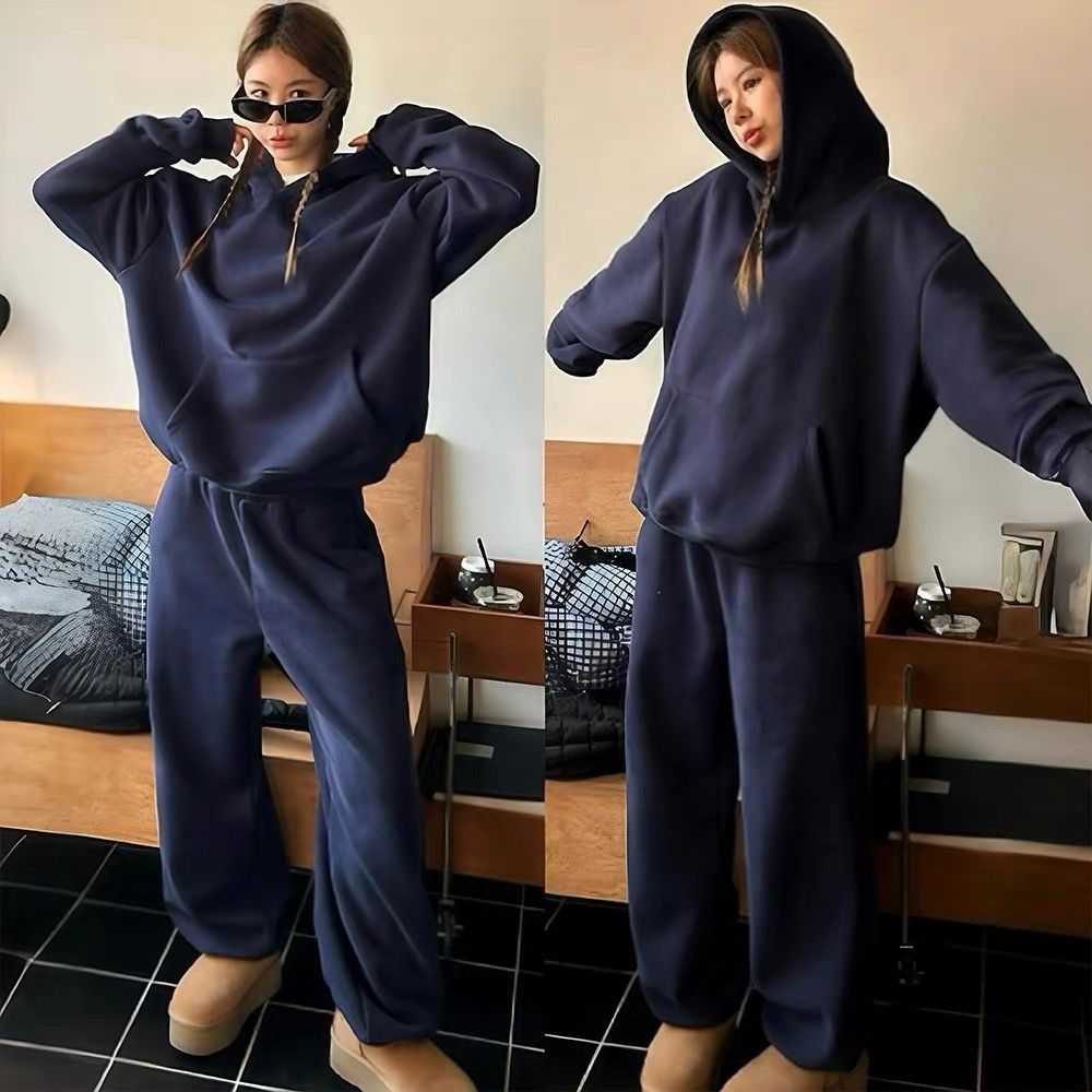 plus Size Casual Sportswear Set Women's Relaxed Fit Hooded Sweatshirt Two Piece Set for Autumn Winter_ecoleips.com