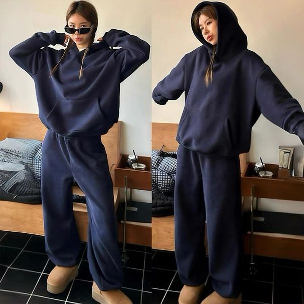 plus Size Casual Sportswear Set Women's Relaxed Fit Hooded Sweatshirt Two Piece Set for Autumn Winter_ecoleips.com