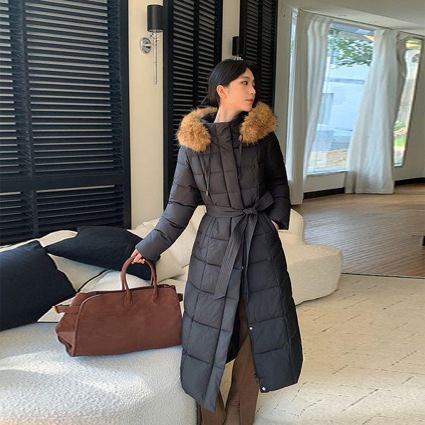 Women's Extra-Long Hooded Winter Coat, Slim-Fit Puffer Jacket, Thickened Polyester Trench Coat For Cold Weather_ecoleips.com