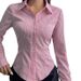 Women's Blue Striped Fitted Button Down Shirt, Long Sleeve Slim Fit Office Blouse With Flare Cuffs For Casual & Business Wear_ecoleips.com