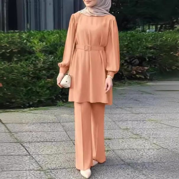 Women's Clothing Middle Eastern Muslim Women's Round Neck Long Sleeve Belt Elastic Waist Top Pants Set_ecoleips.com