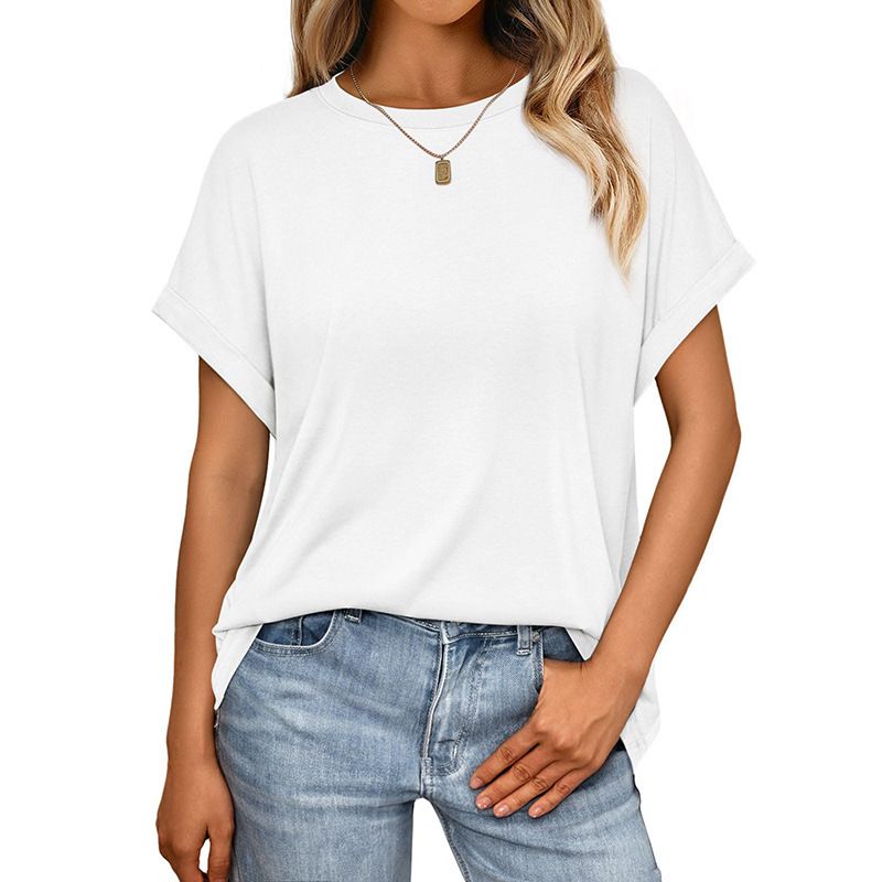Wish Women's Summer Solid Color Loose round Neck Short Sleeve T-Shirt Casual Top for plus Size_ecoleips.com