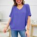 European And American Summer Multi-color V-neck Ribbed T-shirt, Casual Loose Short-sleeve Top For Petite Women,_ecoleips.com