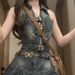 Chic Fashion Denim Summer New Sleeveless Top High Waist Pleated Short Skirt Suit Trendy_ecoleips.com