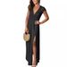 Women's Deep V Neck Long Dress Short Sleeve High Waist Pleated Slit Club Party Evening Solid Color_ecoleips.com