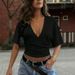 Summer Y2K Women's Casual Short Top T-Shirt Ruched Waist Slimming Deep V Neck Solid Color Style_ecoleips.com