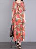 Cotton Short Sleeve Vintage Print Dresses For Women 2025 Summer Casual Loose Long Office Lady Dress Femme Robe Elegant Clothing_ecoleips.com