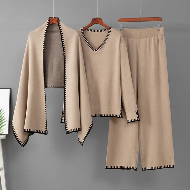 Women's European American Style Knitted Fashion Set with Jacquard Shawl V Neck Sweater And Casual Wide Leg Pants Three Piece Casual Wear_ecoleips.com