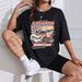 Women's Casual Black T-Shirt round Neck Short Sleeve Loose Print Sporty Simple Top_ecoleips.com