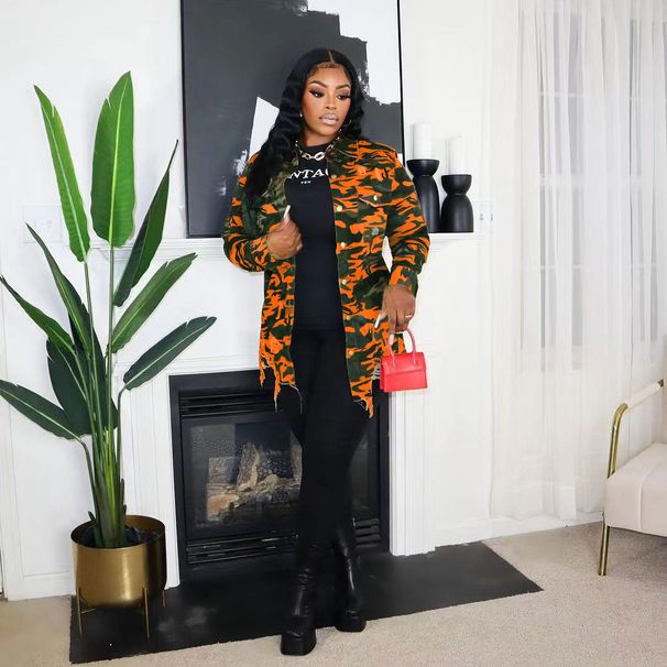 Trendy Camo Distressed Long Sleeve Shirt For Women - Stylish Casual Top With Button-Down Collar (Green/Orange, S-XXXL)_ecoleips.com