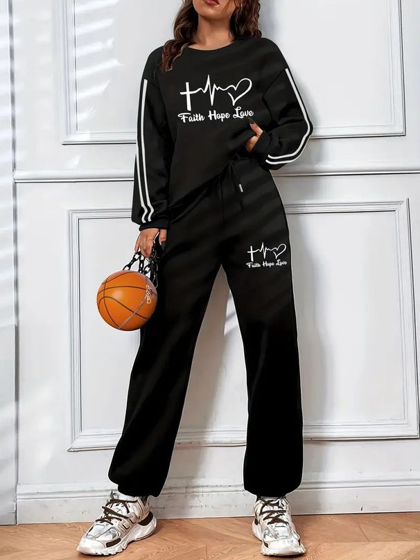 Women's Casual Versatile Two Piece Suit Letter Print Thickened Jogger Set Fashion Print_ecoleips.com