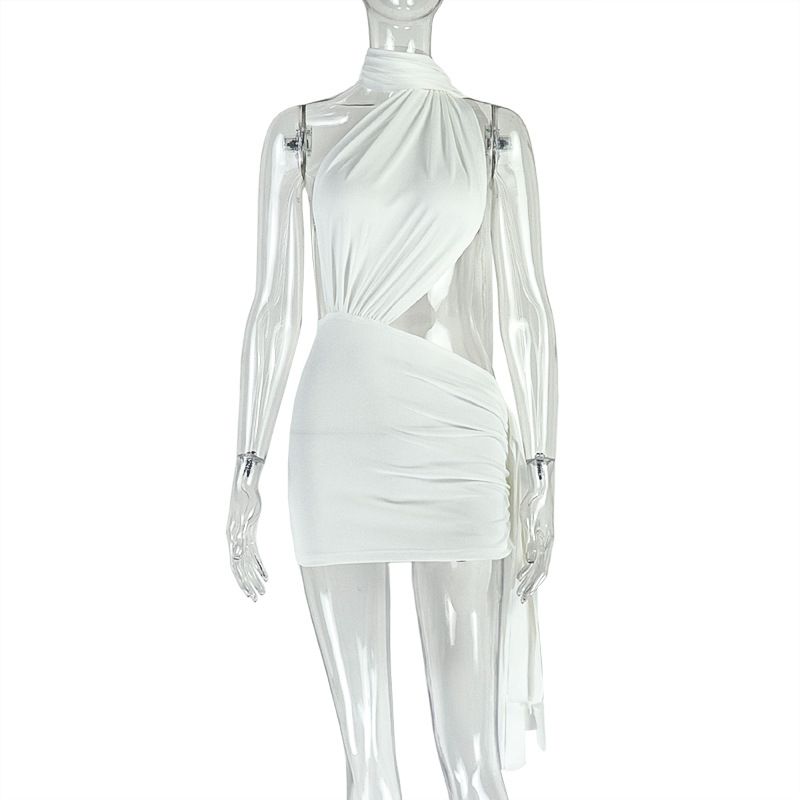 Asymmetric Cut-Out Back, Knit Stretch Fabric, Sexy Wrap Waist Mini Dress For Women (Black/White/Red)"_ecoleips.com