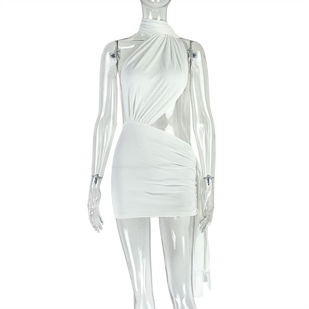Asymmetric Cut-Out Back, Knit Stretch Fabric, Sexy Wrap Waist Mini Dress For Women (Black/White/Red)"_ecoleips.com