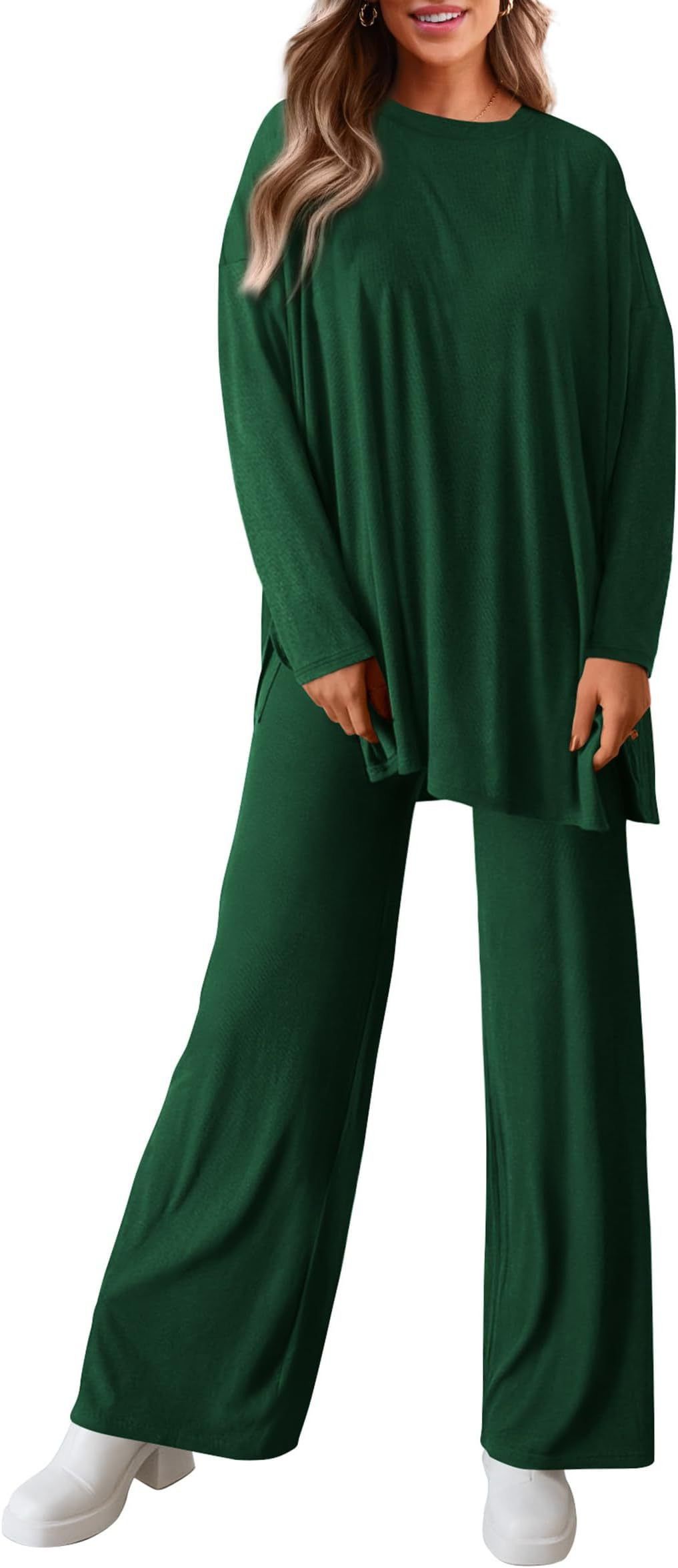 Women's Solid Color Casual Suit round Neck Long Sleeve Wide Leg Pants Spring Autumn Sports Home Wear European American Style_ecoleips.com