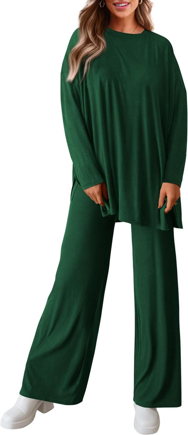 Women's Solid Color Casual Suit round Neck Long Sleeve Wide Leg Pants Spring Autumn Sports Home Wear European American Style_ecoleips.com